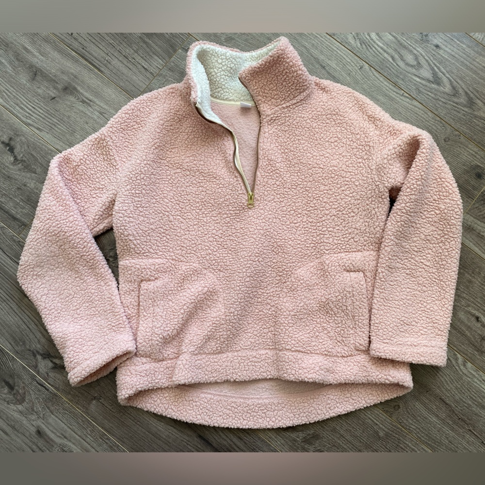 CLEAROUT baby pink Sherpa/ teddy 3/4 zip sweater w/ collar and front pocket